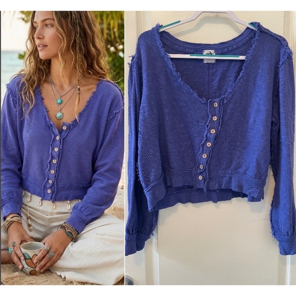 Free People We The Free Golden Road Cardigan Asym Buttons Blue Size XS Oversize